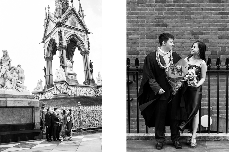 Family of four standing by the Albert Memorial | Man with flowers and lady in front of brick wall. 