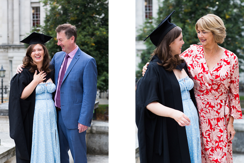 Daughter in graduation gown with mum and Dad. 