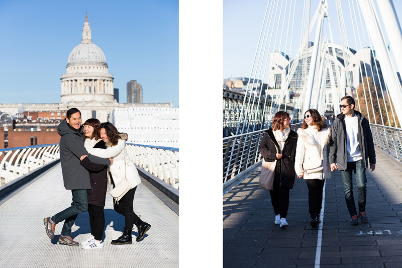 Three people hugging in front of Paul's Cathedral, and walking across the Golden Jubilee Bridge. 