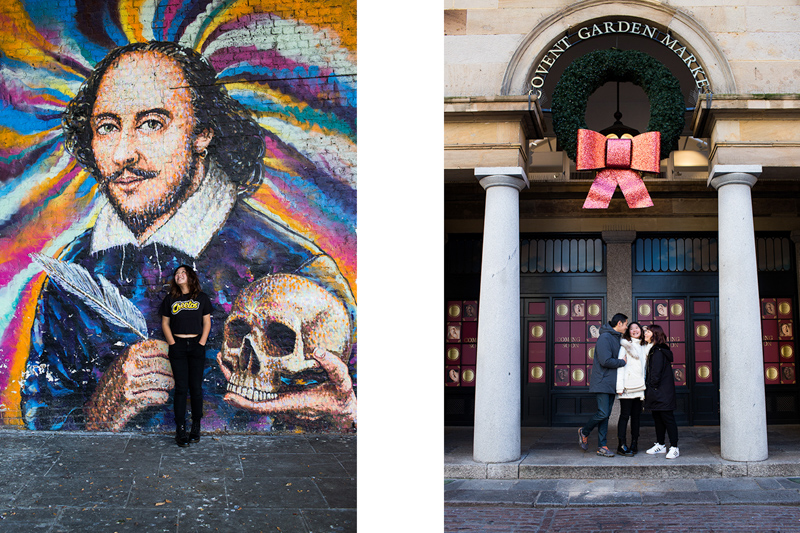 Girl with Shakespeare mural, family of three under red bow and Covent Garden Market sign 