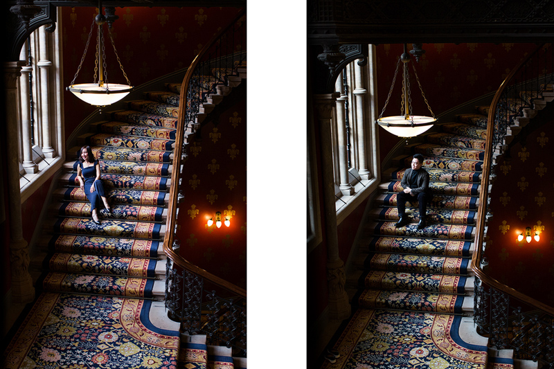 Lady and man sitting on beautiful staircase of St Pancras Hotel. 