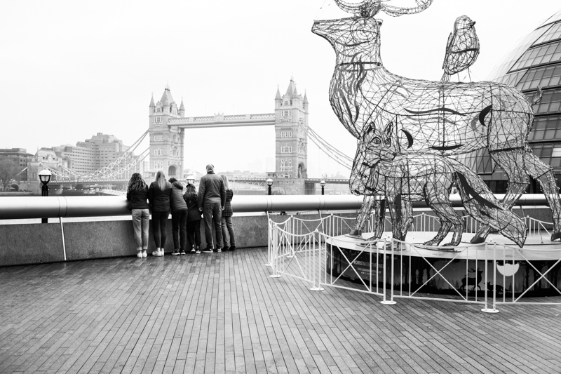 Family of six looking at Tower Bridge.