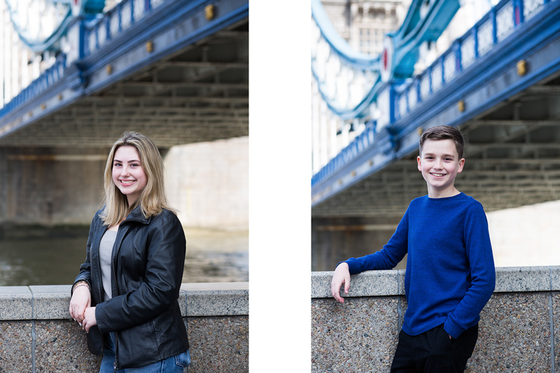 Portraits of a girl and boy standing in front of Tower Bridge 