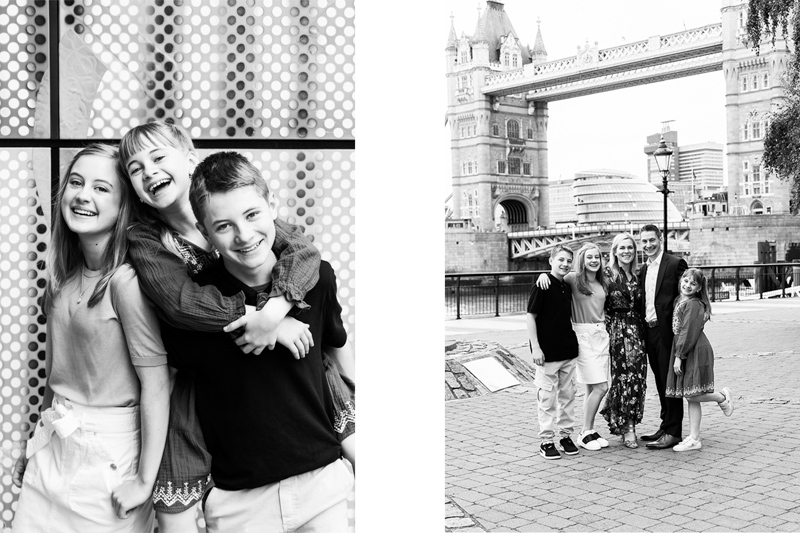 boy and two girls hugging | family of five standing in front of Tower Bridge