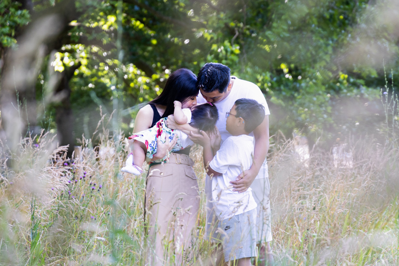 family of four cuddling and kissing in the long grass