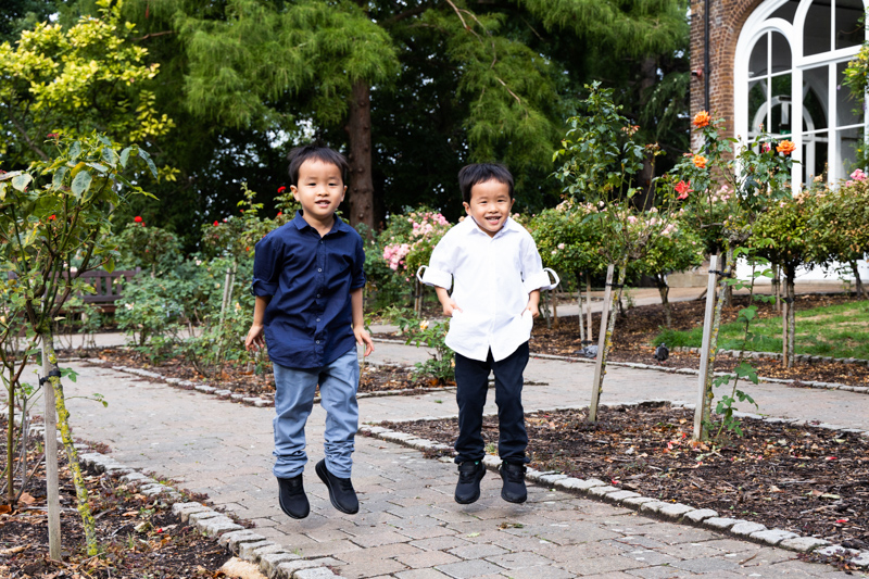 Twin boys jumping in rose garden. 