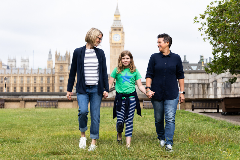 Family of three walking away from big ben